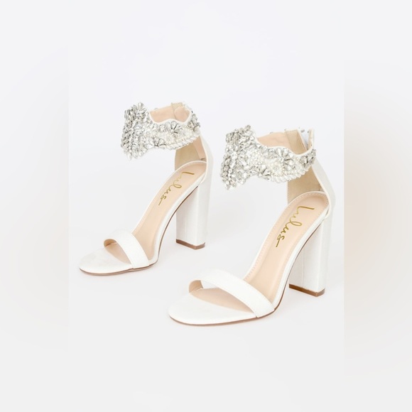 NEW Lulus Dannah White Suede Rhinestone and Pearl High Heel Sandals Women’s 5.5 - Picture 2 of 15